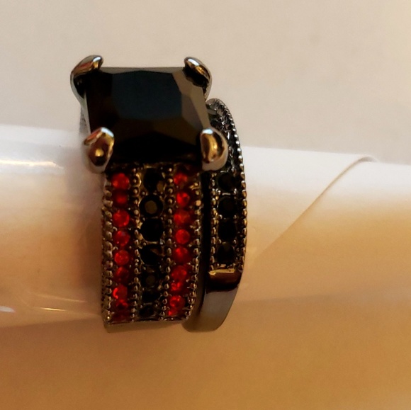 Black Sapphire Ruby Princess Cut Wedding Ring 6 - Picture 3 of 4